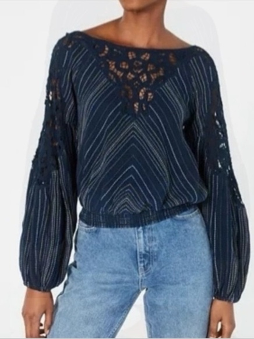 Free People Floating Memories Striped Lace Balloon Long Sleeve Top SZ M
